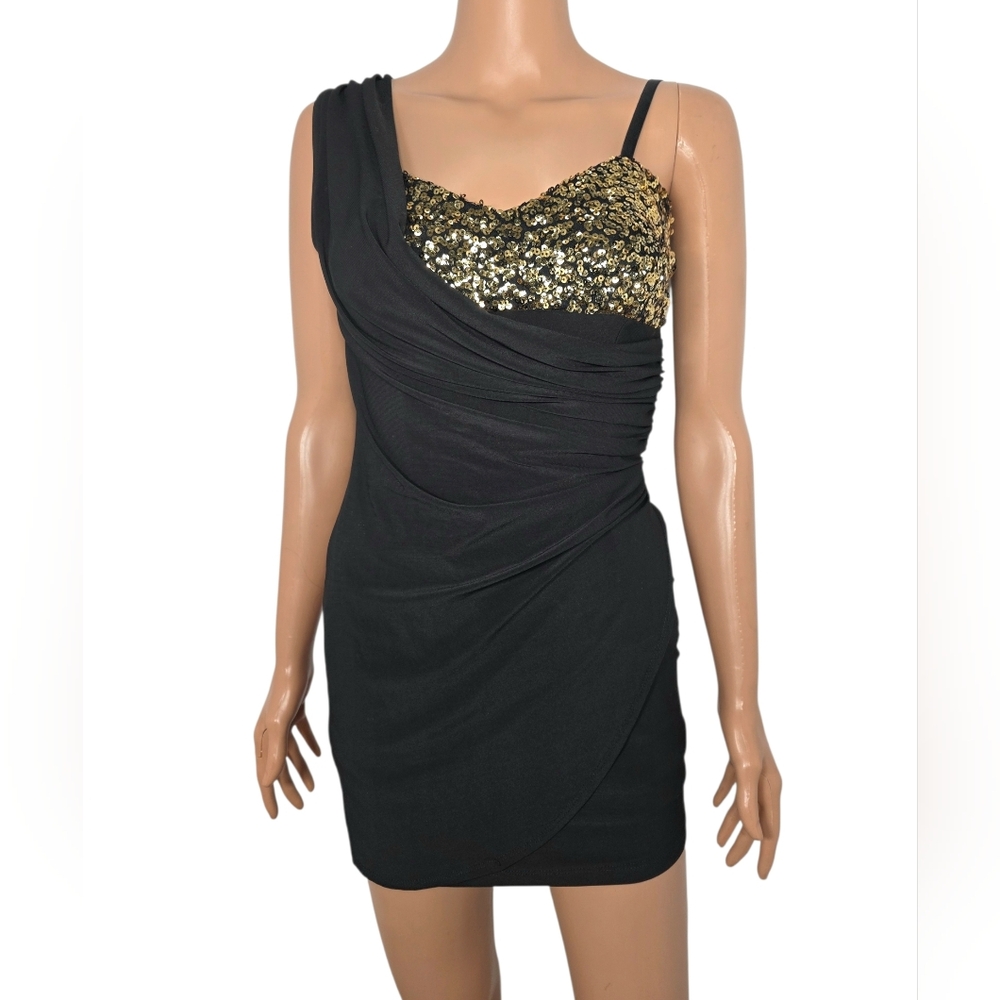 Bloom Black and Gold Sequin Mini Dress Size S Small‎